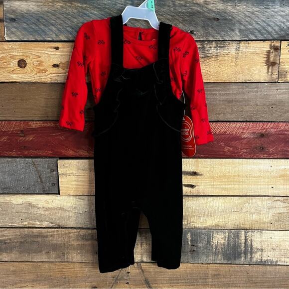 Wonder Nation Red And Black‎ Velvet Overall Two Piece Holiday Outfit Size 6-9 M - Picture 1 of 12